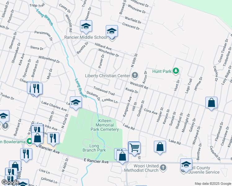 map of restaurants, bars, coffee shops, grocery stores, and more near 4003 London Lane in Killeen
