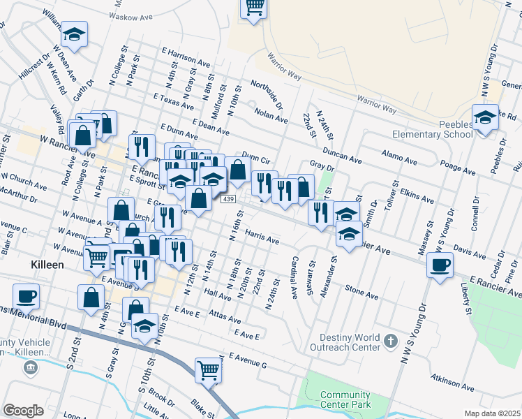 map of restaurants, bars, coffee shops, grocery stores, and more near 1000 North 18th Street in Killeen