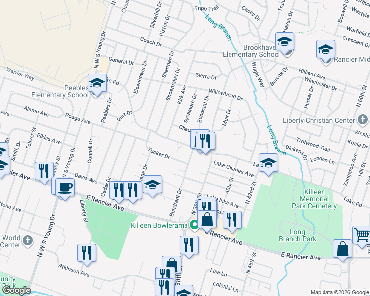 map of restaurants, bars, coffee shops, grocery stores, and more near 1510 Bundrant Drive in Killeen