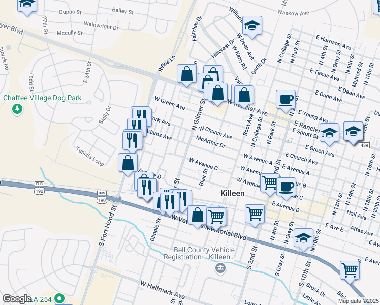 map of restaurants, bars, coffee shops, grocery stores, and more near 420 North Gilmer Street in Killeen
