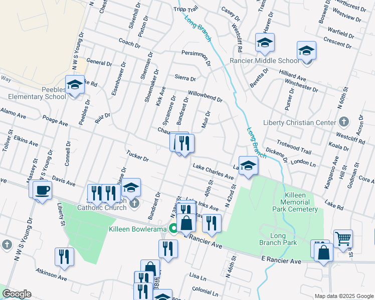 map of restaurants, bars, coffee shops, grocery stores, and more near 3008 Lake Road in Killeen