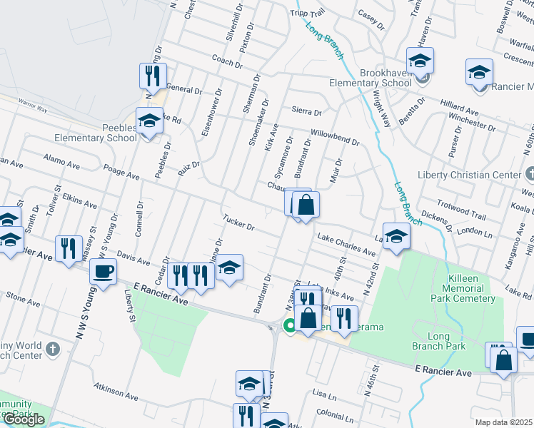 map of restaurants, bars, coffee shops, grocery stores, and more near 2814 Tucker Drive in Killeen