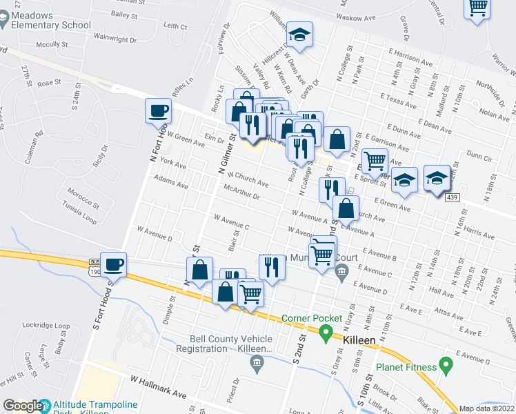 map of restaurants, bars, coffee shops, grocery stores, and more near 425 West Avenue C in Killeen