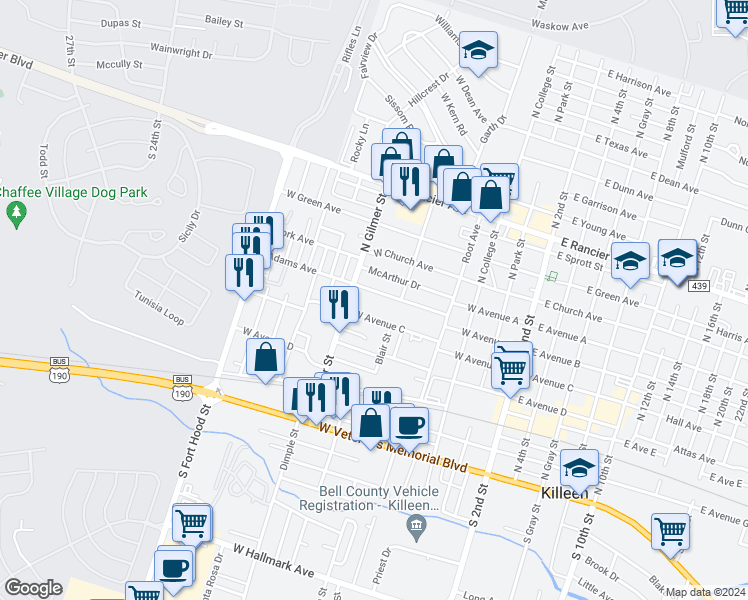 map of restaurants, bars, coffee shops, grocery stores, and more near 703 West Avenue C in Killeen
