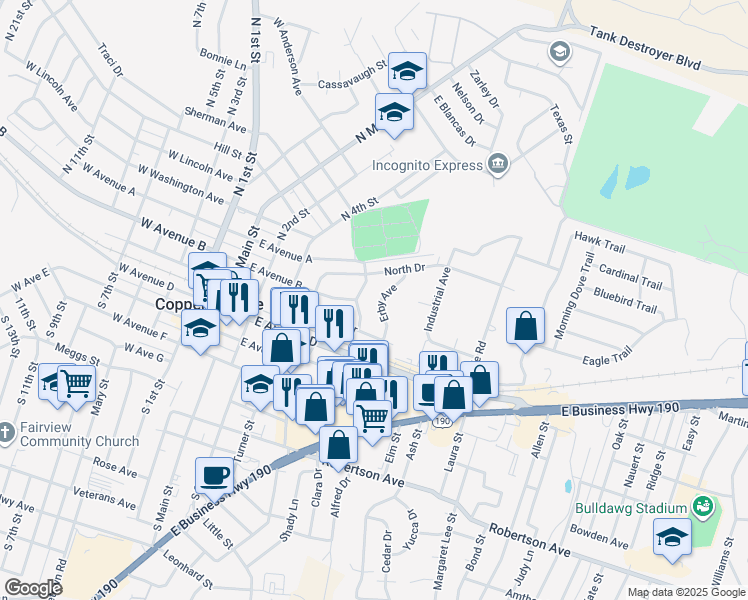 map of restaurants, bars, coffee shops, grocery stores, and more near 209 Erby Avenue in Copperas Cove