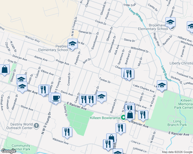 map of restaurants, bars, coffee shops, grocery stores, and more near 2604 Tracey Circle in Killeen