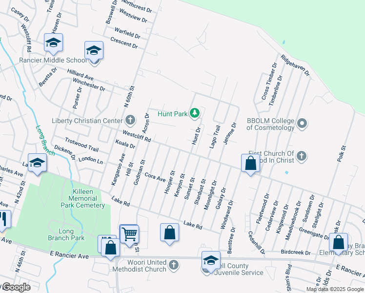 map of restaurants, bars, coffee shops, grocery stores, and more near 4501 Hunt Circle in Killeen