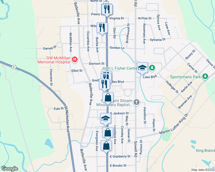 map of restaurants, bars, coffee shops, grocery stores, and more near 100 Mason Street in Brewton