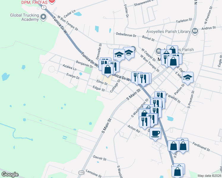 map of restaurants, bars, coffee shops, grocery stores, and more near 300-396 Elmo St in Marksville