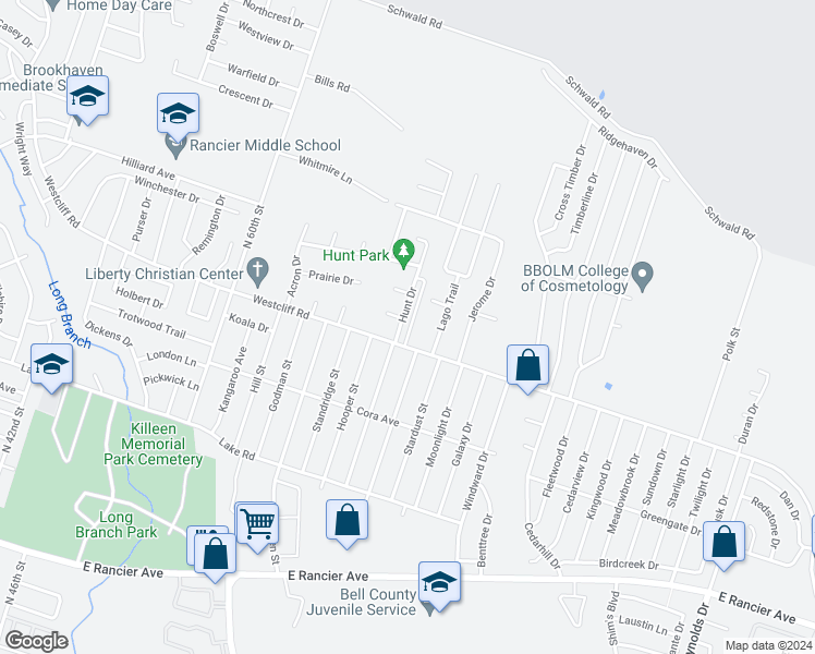 map of restaurants, bars, coffee shops, grocery stores, and more near 2204 Hunt Drive in Killeen
