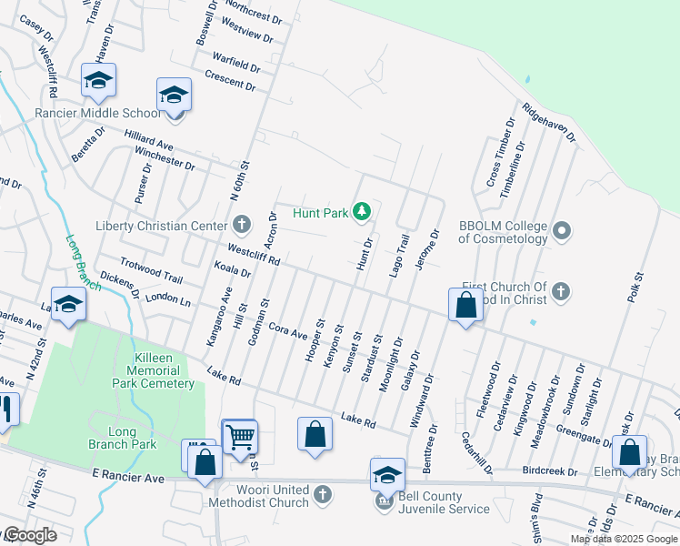 map of restaurants, bars, coffee shops, grocery stores, and more near 4501 Hunt Circle in Killeen