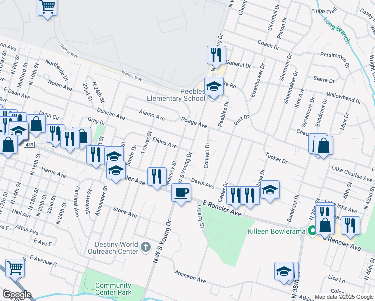 map of restaurants, bars, coffee shops, grocery stores, and more near 1407S North West South Young Drive in Killeen