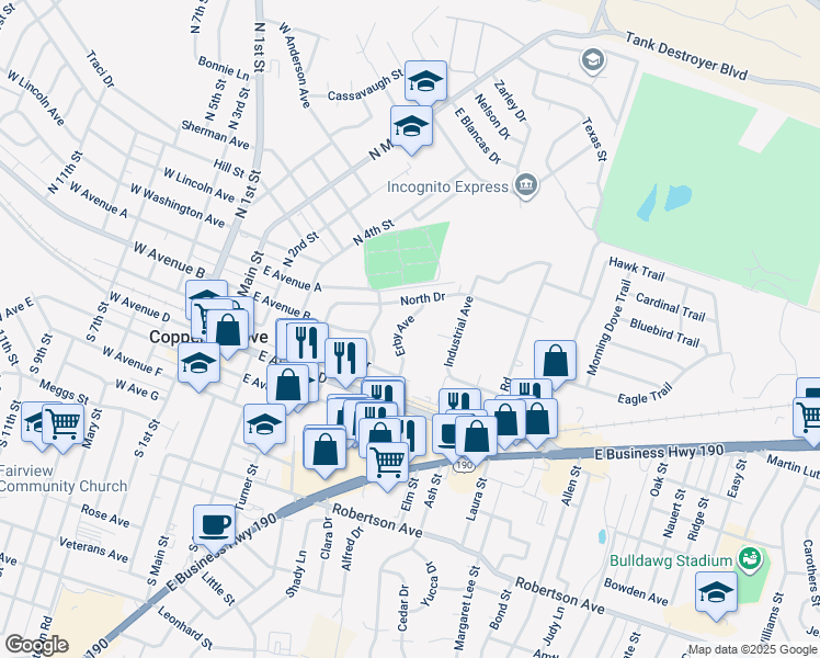 map of restaurants, bars, coffee shops, grocery stores, and more near 316 Erby Avenue in Copperas Cove