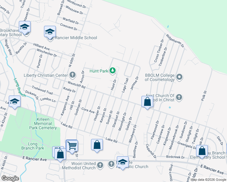 map of restaurants, bars, coffee shops, grocery stores, and more near 2204 Hunt Drive in Killeen