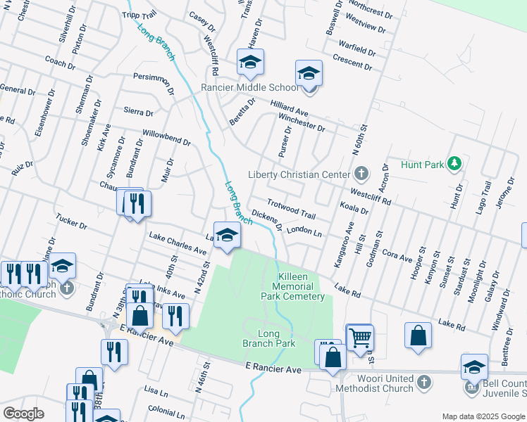 map of restaurants, bars, coffee shops, grocery stores, and more near 3607 Trotwood Trail in Killeen