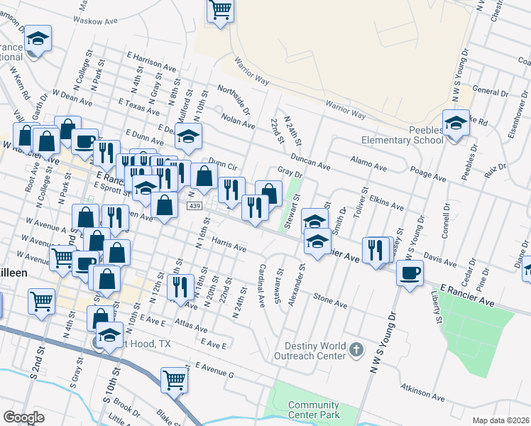 map of restaurants, bars, coffee shops, grocery stores, and more near 1210 Culp Avenue in Killeen
