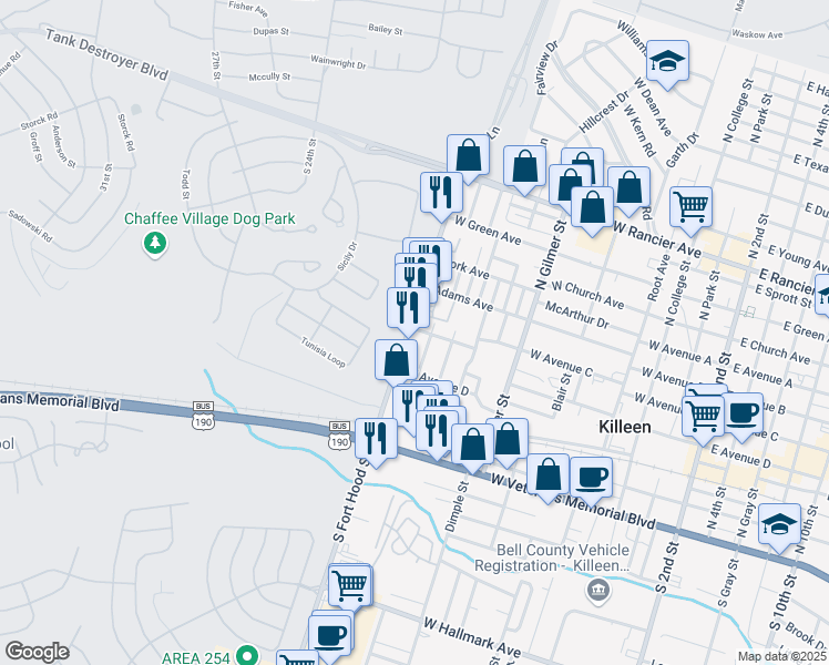 map of restaurants, bars, coffee shops, grocery stores, and more near 328 North Fort Hood Street in Killeen