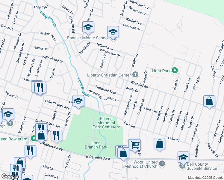 map of restaurants, bars, coffee shops, grocery stores, and more near 2202 Barry Drive in Killeen