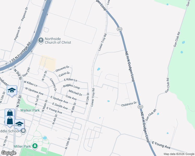 map of restaurants, bars, coffee shops, grocery stores, and more near 3236 Lower Troy Road in Temple