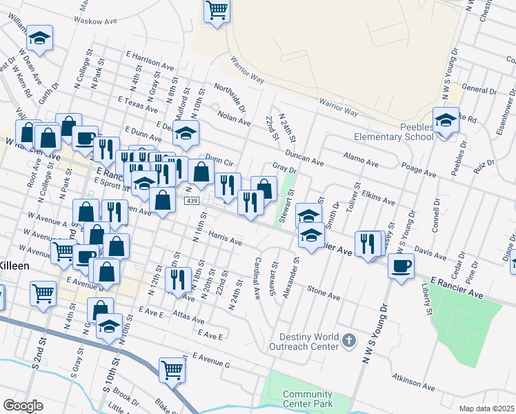 map of restaurants, bars, coffee shops, grocery stores, and more near 1210 Culp Avenue in Killeen