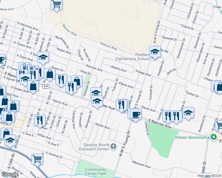 map of restaurants, bars, coffee shops, grocery stores, and more near 1701 Smith Drive in Killeen