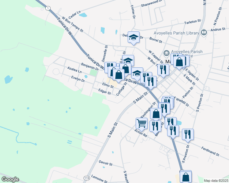 map of restaurants, bars, coffee shops, grocery stores, and more near 300-396 Elmo St in Marksville
