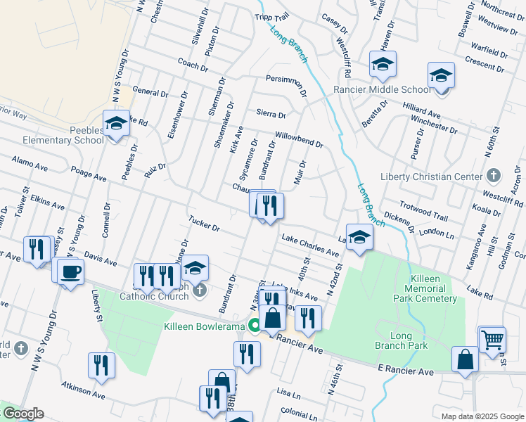 map of restaurants, bars, coffee shops, grocery stores, and more near 2916 Chaucer Drive in Killeen