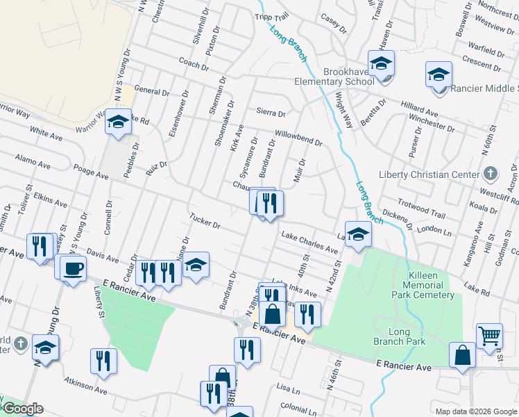 map of restaurants, bars, coffee shops, grocery stores, and more near 2914 Chaucer Drive in Killeen