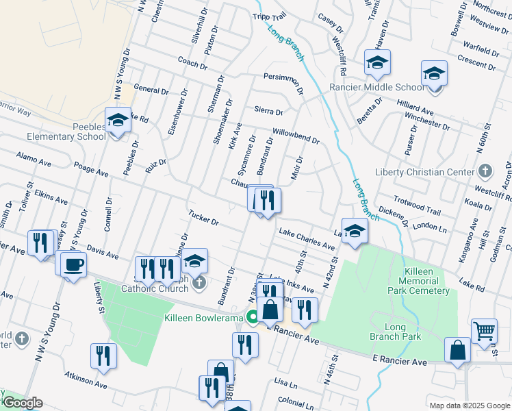 map of restaurants, bars, coffee shops, grocery stores, and more near 2916 Chaucer Drive in Killeen