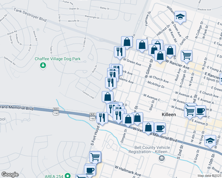 map of restaurants, bars, coffee shops, grocery stores, and more near 328 North Fort Hood Street in Killeen