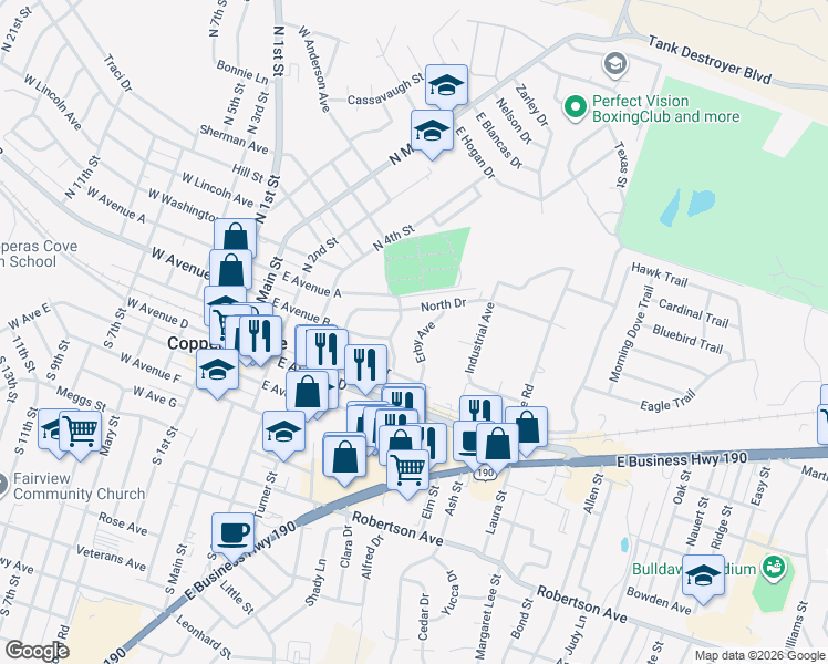 map of restaurants, bars, coffee shops, grocery stores, and more near 303 Erby Avenue in Copperas Cove