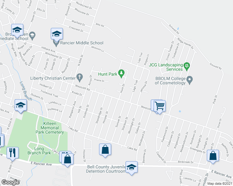 map of restaurants, bars, coffee shops, grocery stores, and more near 4501 Hunt Circle in Killeen