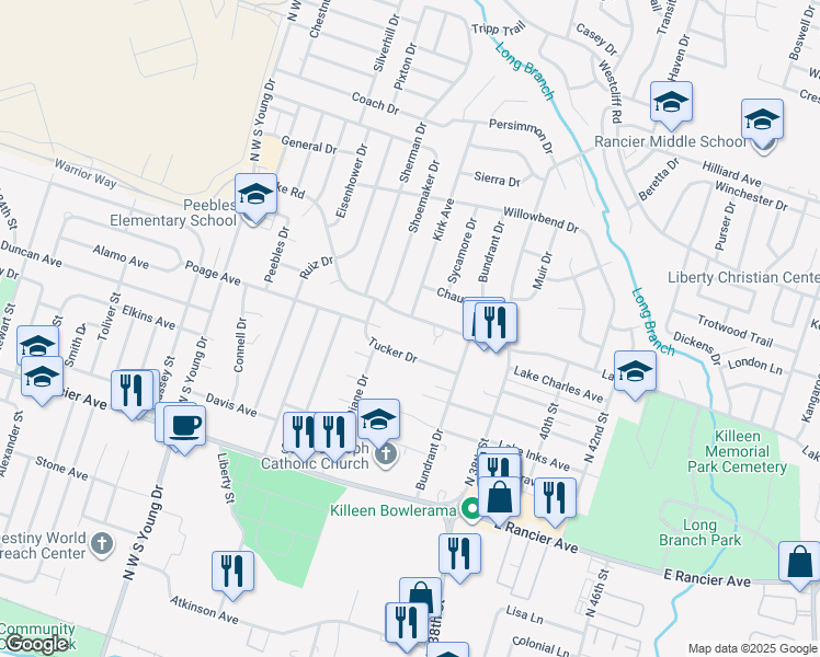 map of restaurants, bars, coffee shops, grocery stores, and more near 2901 Lake Road in Killeen