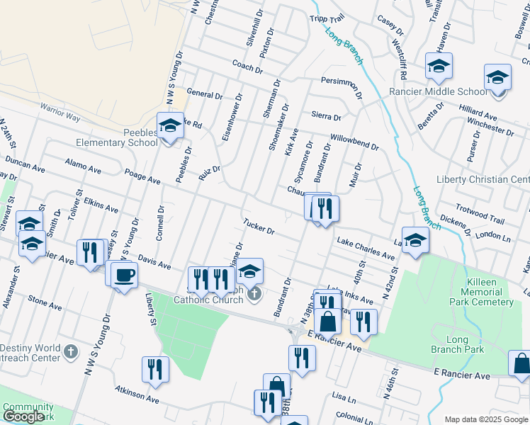 map of restaurants, bars, coffee shops, grocery stores, and more near 2702 Lake Road in Killeen