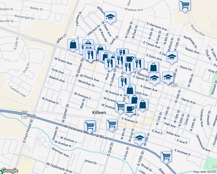 map of restaurants, bars, coffee shops, grocery stores, and more near 400 West Church Avenue in Killeen