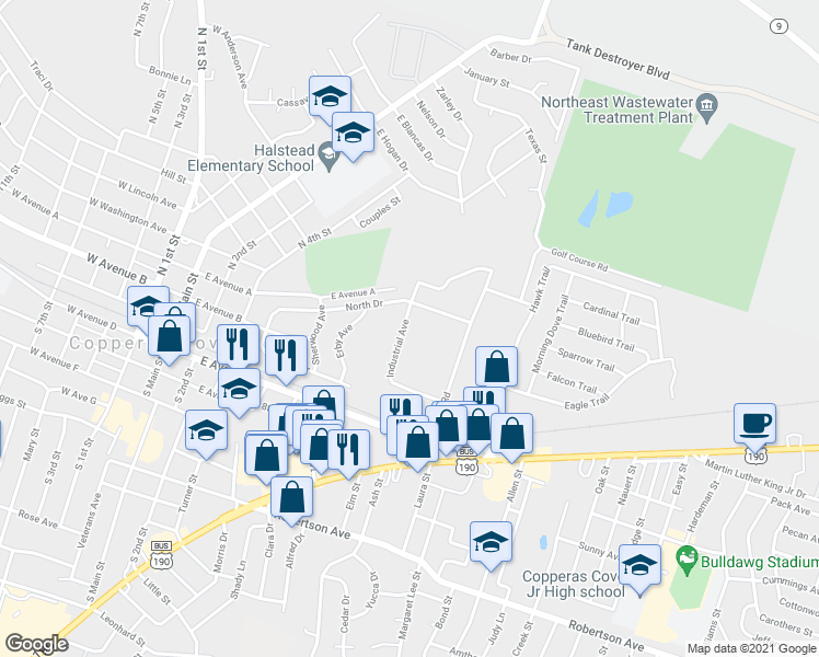 map of restaurants, bars, coffee shops, grocery stores, and more near 806 Industrial Avenue in Copperas Cove