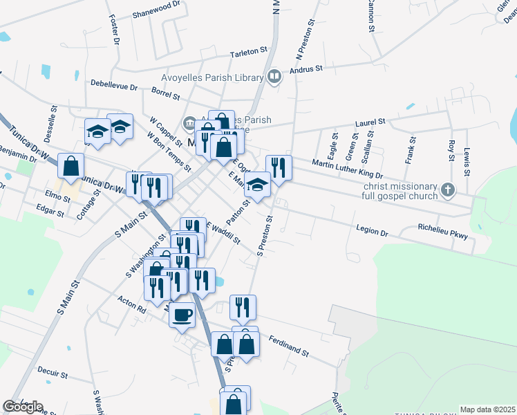 map of restaurants, bars, coffee shops, grocery stores, and more near 101 Patton Street in Marksville
