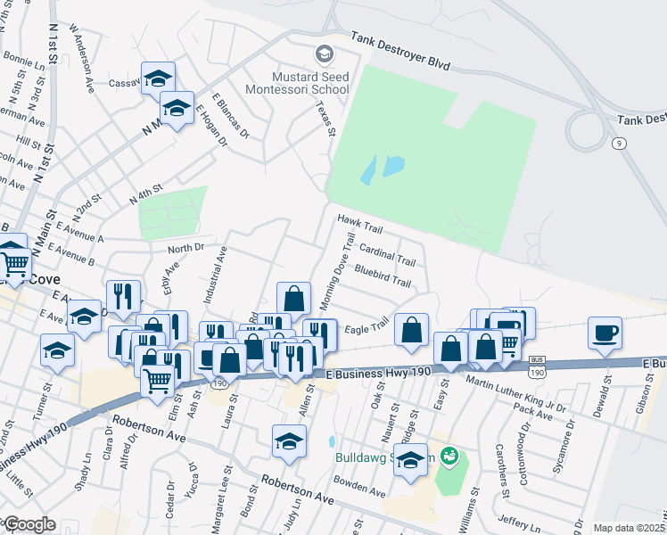 map of restaurants, bars, coffee shops, grocery stores, and more near 1115 Morning Dove Trail in Copperas Cove