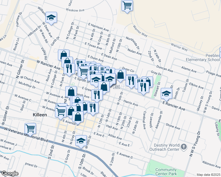 map of restaurants, bars, coffee shops, grocery stores, and more near 902 North 10th Street in Killeen