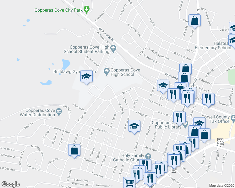 map of restaurants, bars, coffee shops, grocery stores, and more near 722 West Avenue East in Copperas Cove