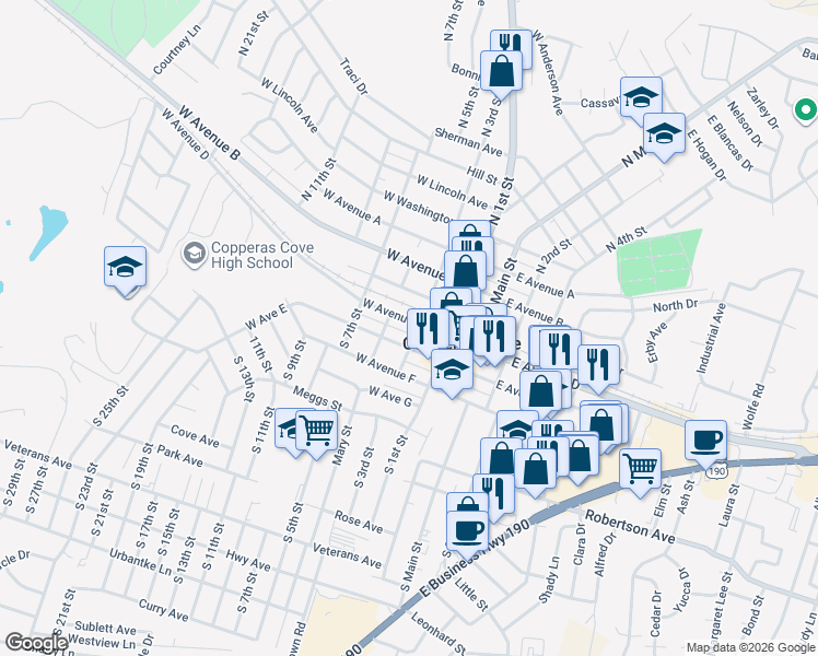 map of restaurants, bars, coffee shops, grocery stores, and more near 301 West Avenue D in Copperas Cove