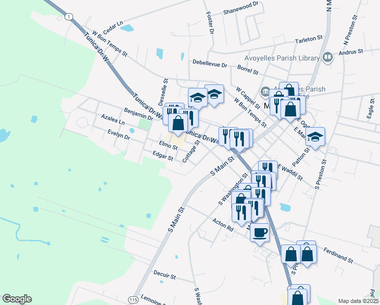 map of restaurants, bars, coffee shops, grocery stores, and more near 300 Elmo Street in Marksville