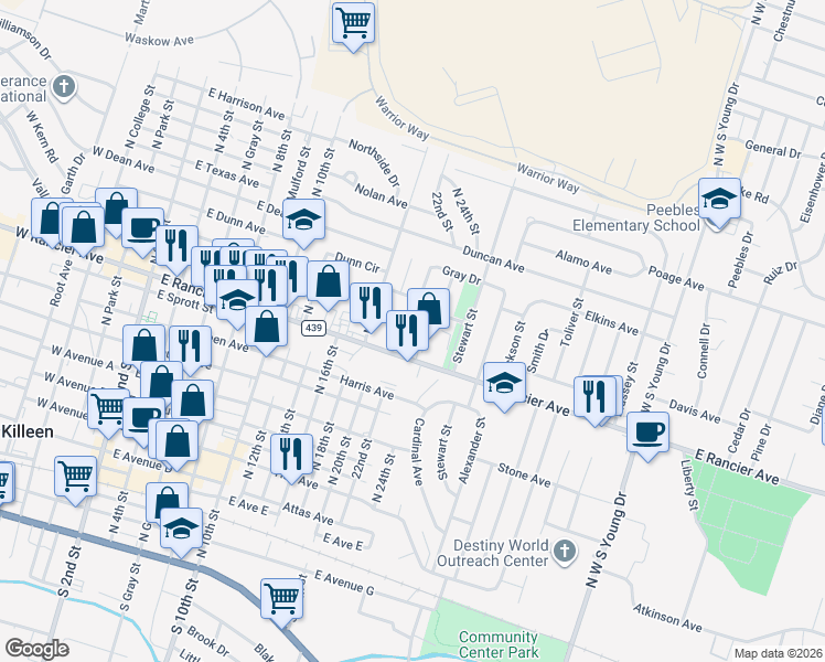 map of restaurants, bars, coffee shops, grocery stores, and more near 1210 Culp Avenue in Killeen