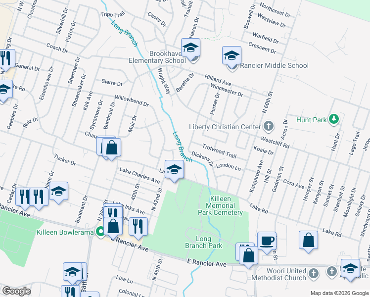 map of restaurants, bars, coffee shops, grocery stores, and more near 2021 Dickens Drive in Killeen