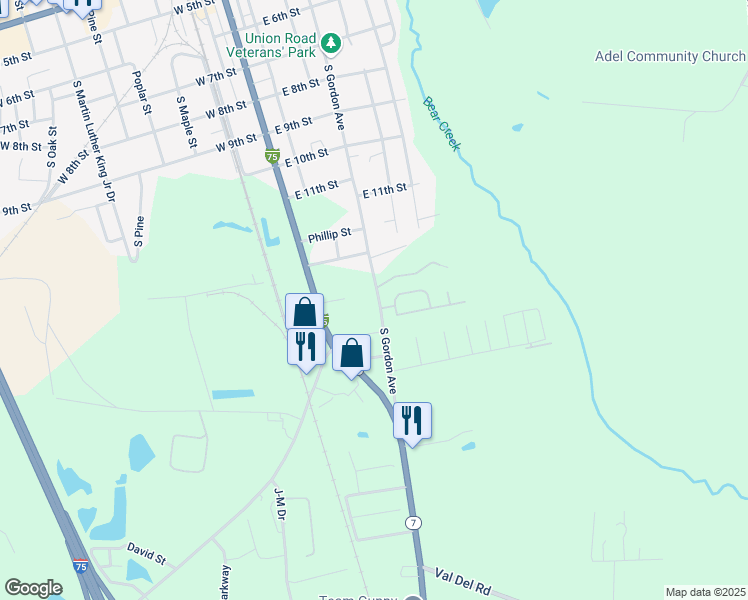 map of restaurants, bars, coffee shops, grocery stores, and more near 1009 S Gordon Ave in Adel