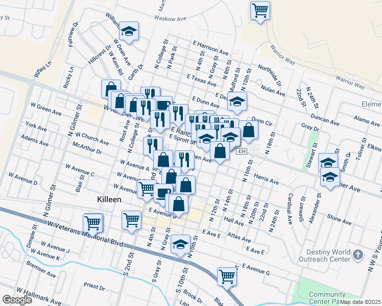 map of restaurants, bars, coffee shops, grocery stores, and more near 806 North Gray Street in Killeen