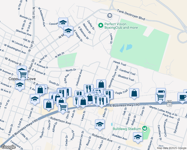 map of restaurants, bars, coffee shops, grocery stores, and more near in Copperas Cove
