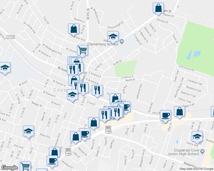map of restaurants, bars, coffee shops, grocery stores, and more near 110 North Drive in Copperas Cove