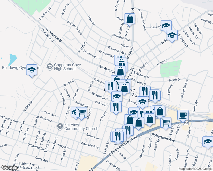 map of restaurants, bars, coffee shops, grocery stores, and more near 102 South 1st Street in Copperas Cove