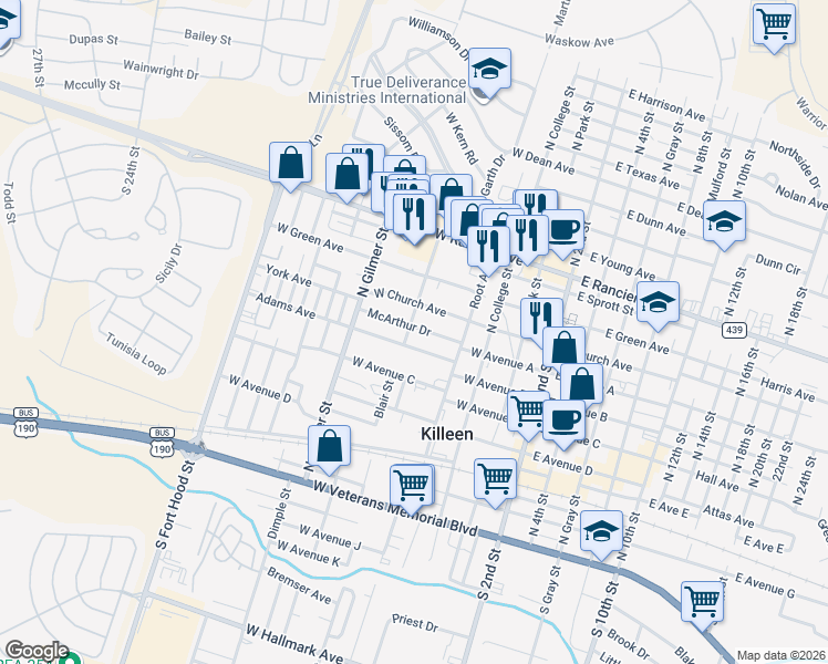 map of restaurants, bars, coffee shops, grocery stores, and more near 511 McArthur Drive in Killeen